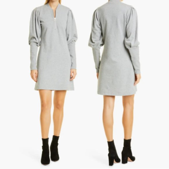 Veronica Beard Beckley Mini Dress Gray Small Fleece Juliet Sleeve Cotton 1/4 Zip - Picture 1 of 10